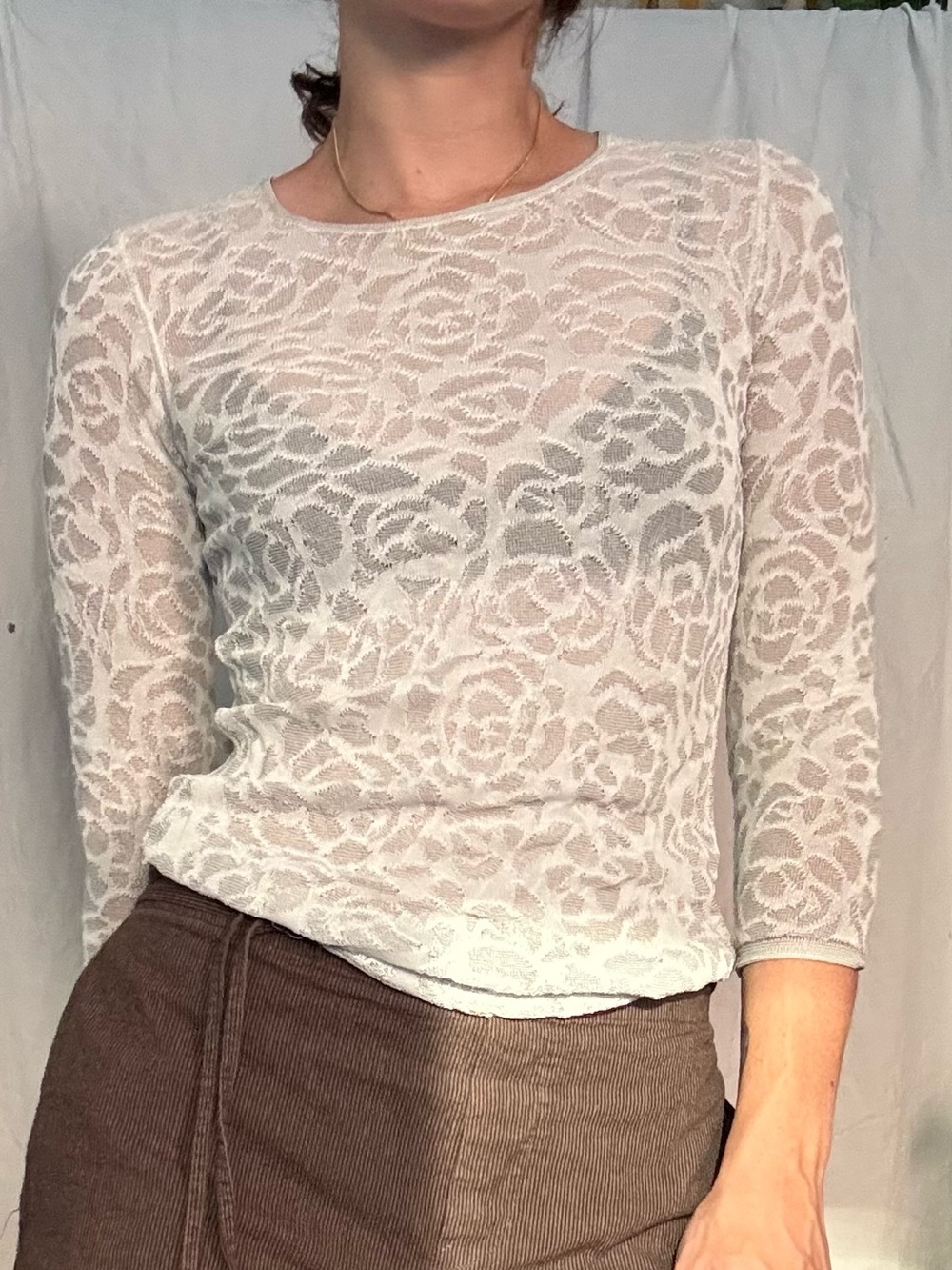 Armani Collezioni Sheer White Floral Lace Long-Sleeve Top